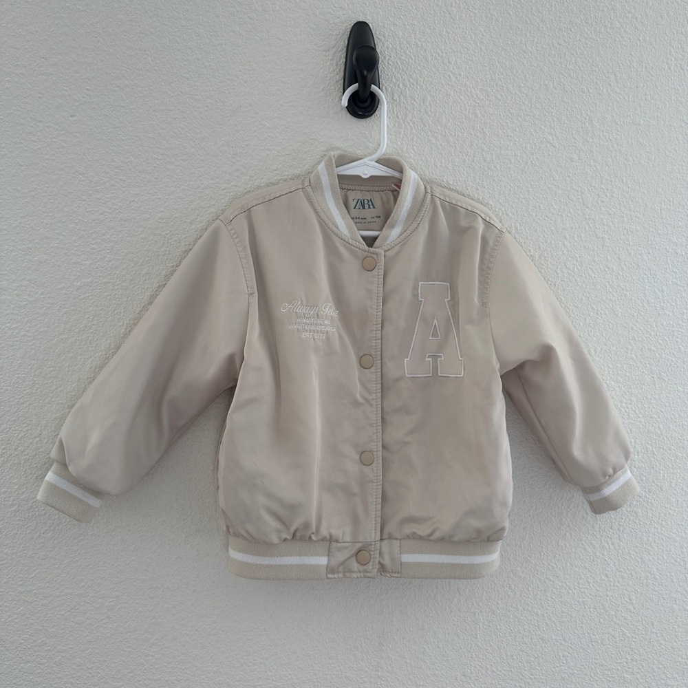 Zara Kids Varsity‎ Bomber Jacket - Beige Always Feliz Ambitious Dreamer - 3-4Y